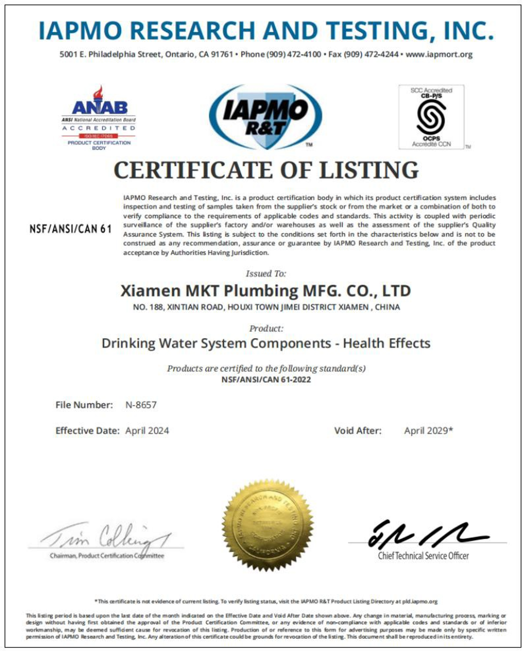 NSF/ANSI 61 Certificate